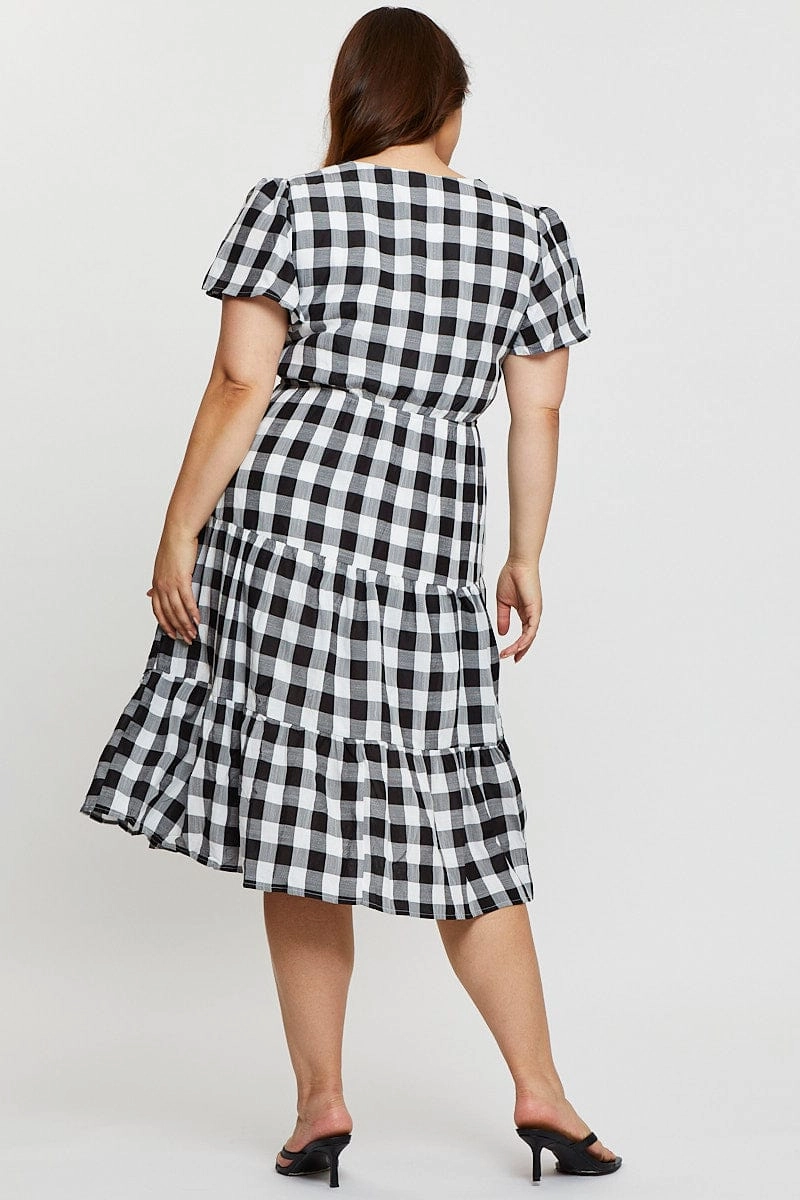 Check Midi Dress V-neck Short Sleeve Satin Grace Silky Finish