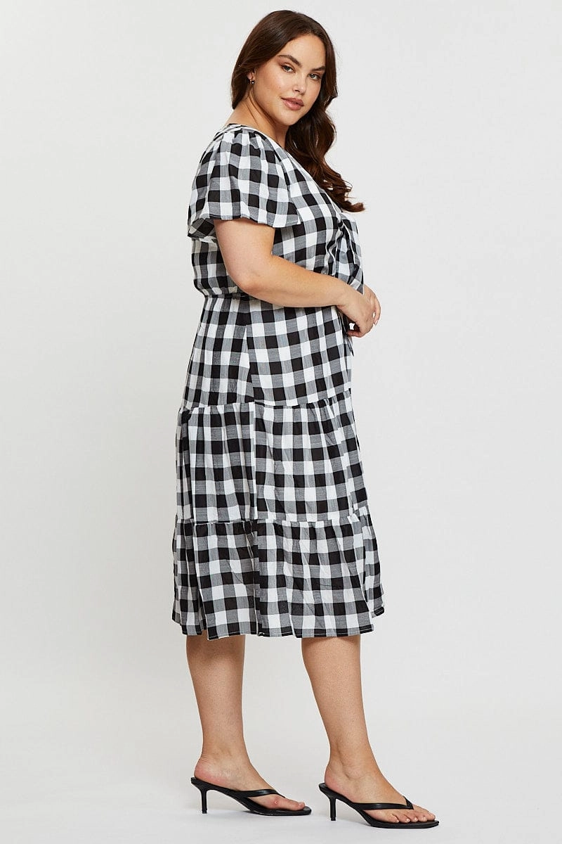 Check Midi Dress V-neck Short Sleeve Cold-Shoulder