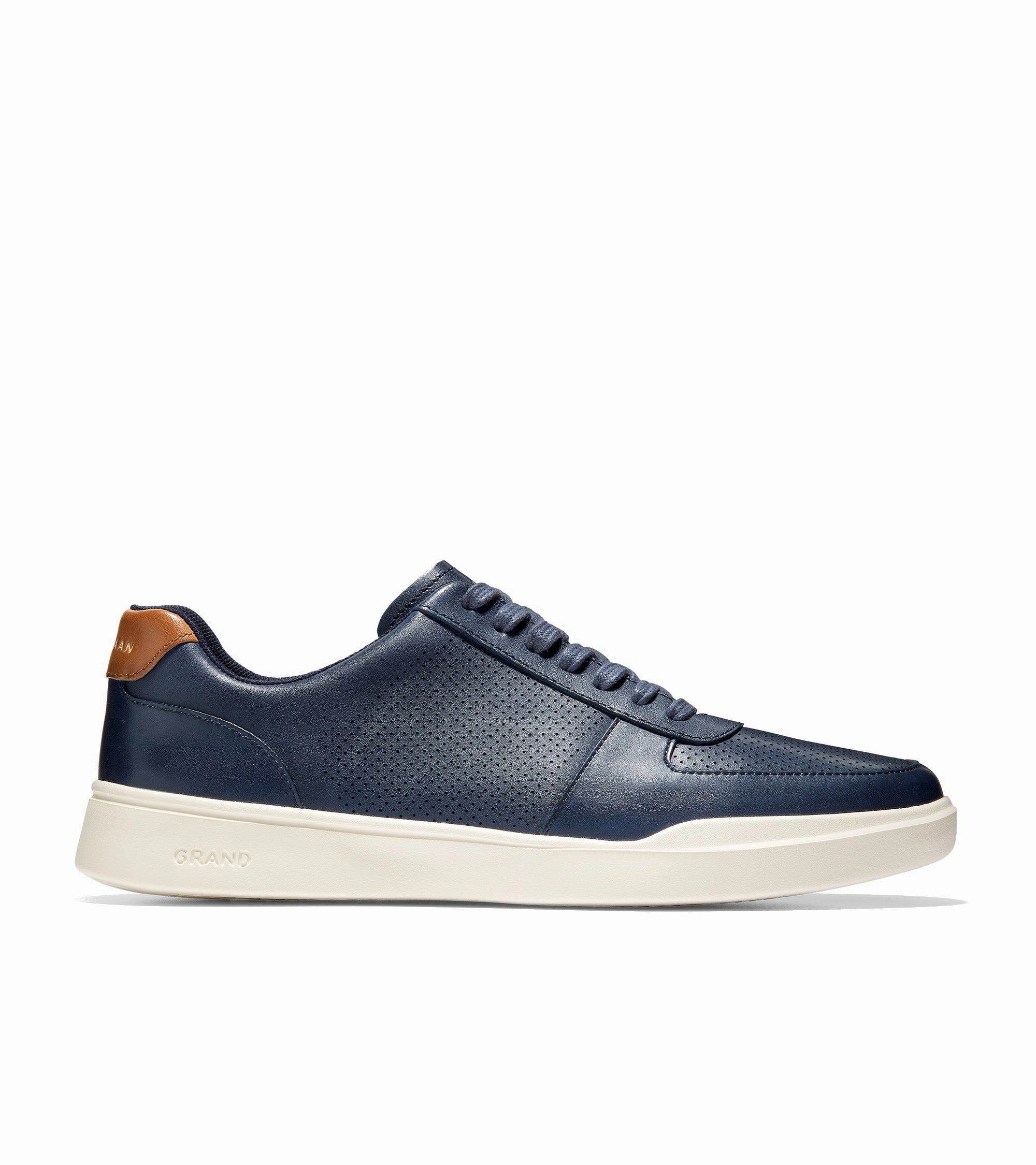 Water resistant upper Seamless Internal Structure Cole Haan Men's Grand Crosscourt Modern Perforated Sneaker - Peacoat/British Tan