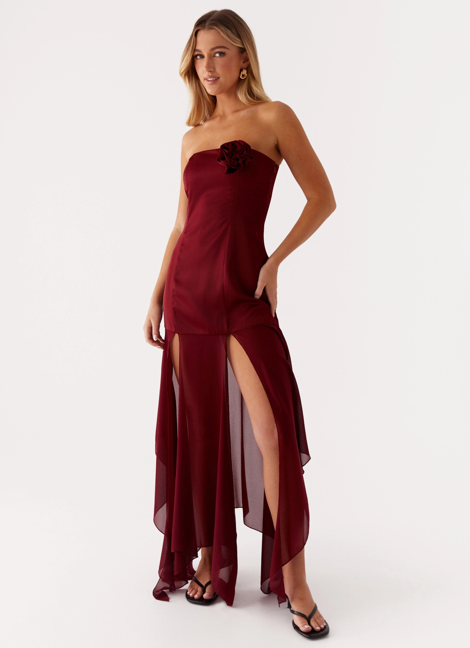 Flexible Comfort Collision Satin Maxi Dress - Cherry Red