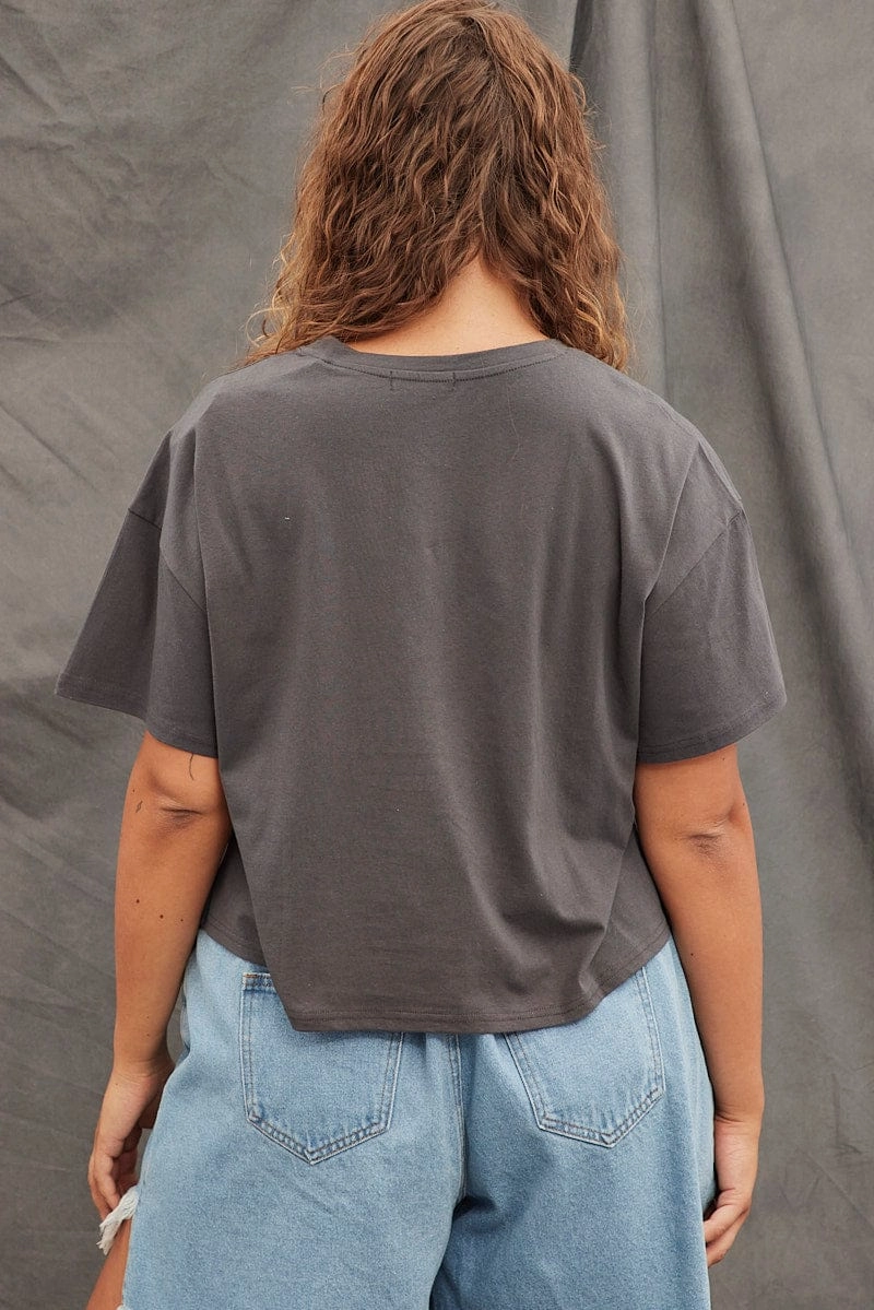 Sleeveless Grey Graphic T-shirt Semi Crop Festival Cotton