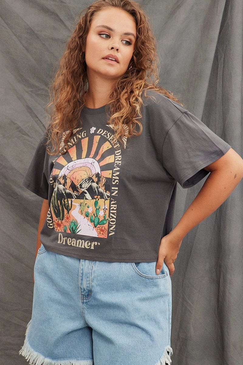 Minimalistic Wear Everyday Look Wear Grey Graphic T-shirt Semi Crop Festival Cotton