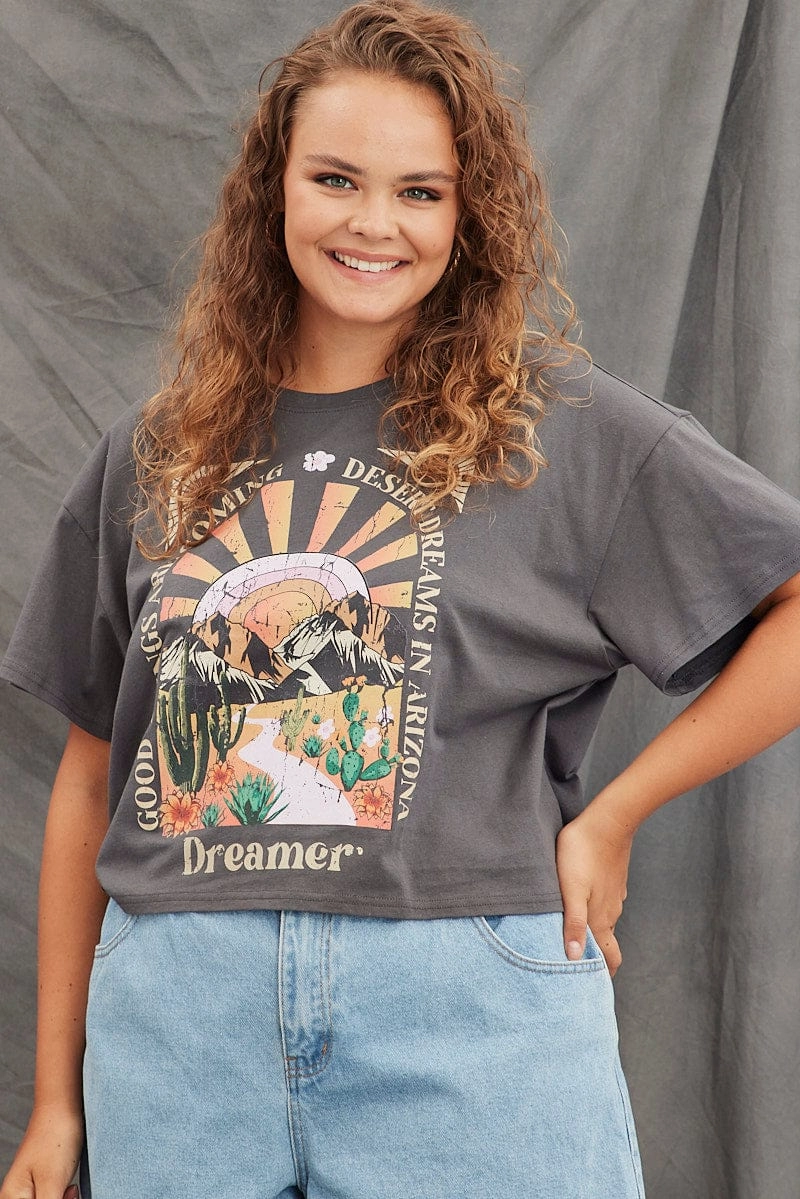 Top Rated Grey Graphic T-shirt Semi Crop Festival Cotton
