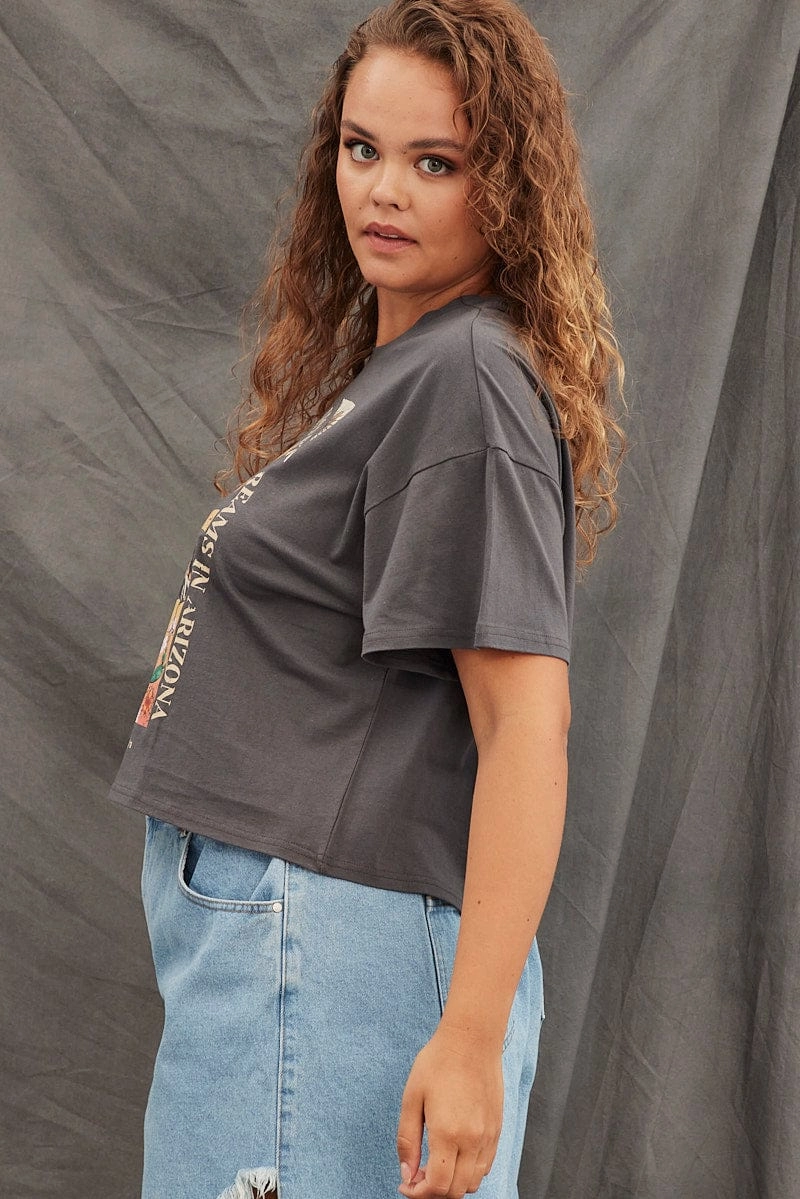 Grey Graphic T-shirt Semi Crop Festival Cotton Reinforced Hemline
