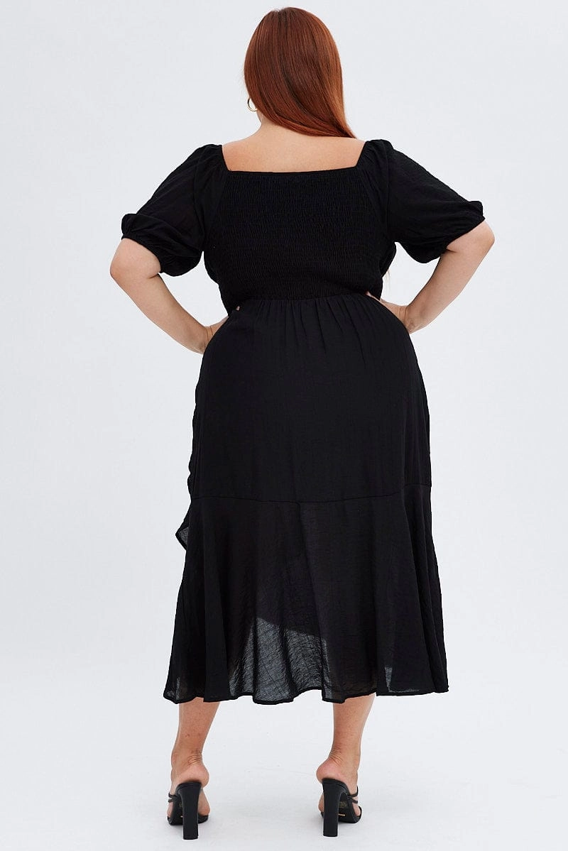 Black Midi Dress Short Sleeve Ruffle Ruched Bust Easy Mood