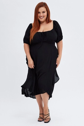 Layering Comfort Black Midi Dress Short Sleeve Ruffle Ruched Bust