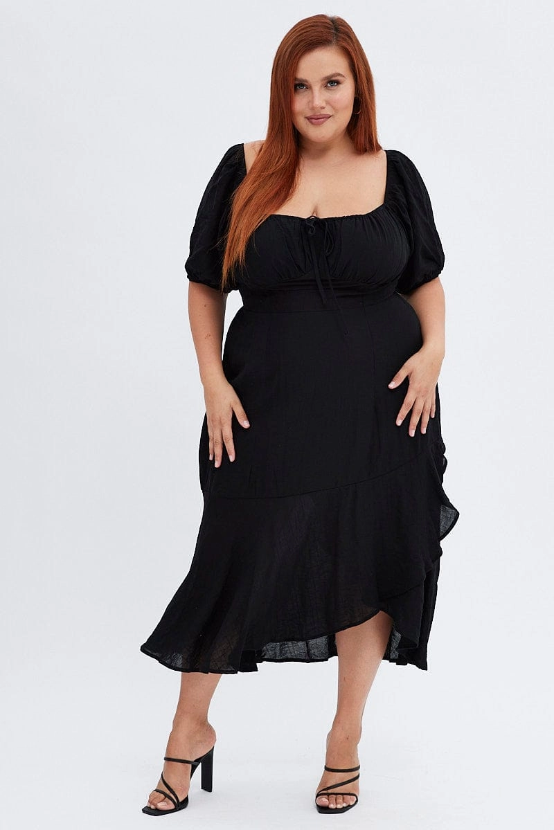 Black Midi Dress Short Sleeve Ruffle Ruched Bust Timeless Touch Versatile Layer