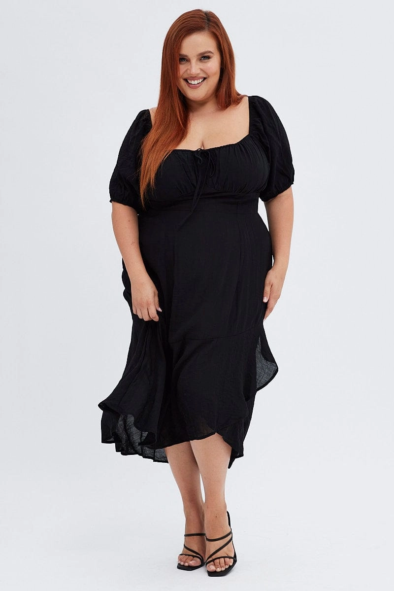Layering Comfort Black Midi Dress Short Sleeve Ruffle Ruched Bust