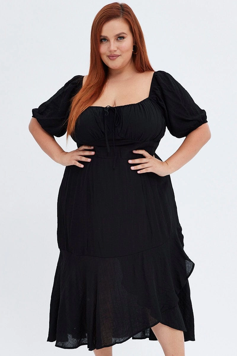 Black Midi Dress Short Sleeve Ruffle Ruched Bust Urban Edge