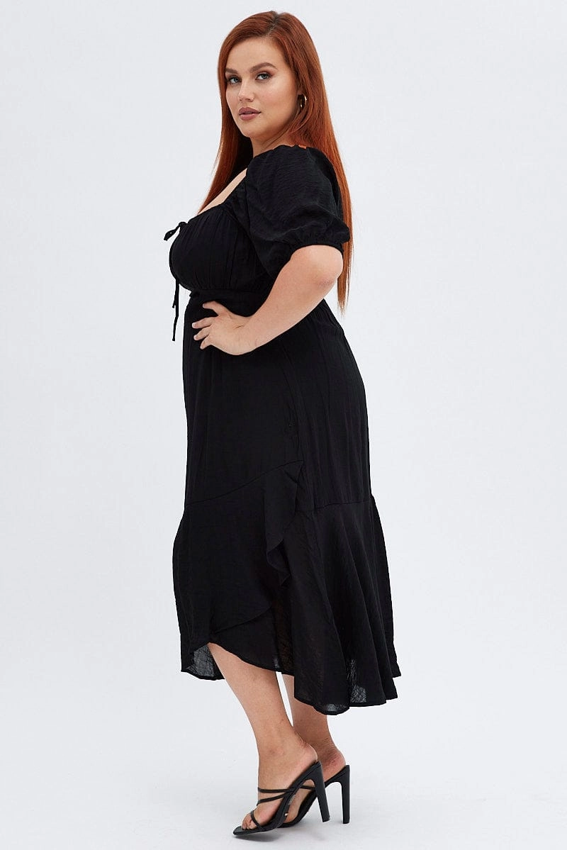 Mood Booster Black Midi Dress Short Sleeve Ruffle Ruched Bust