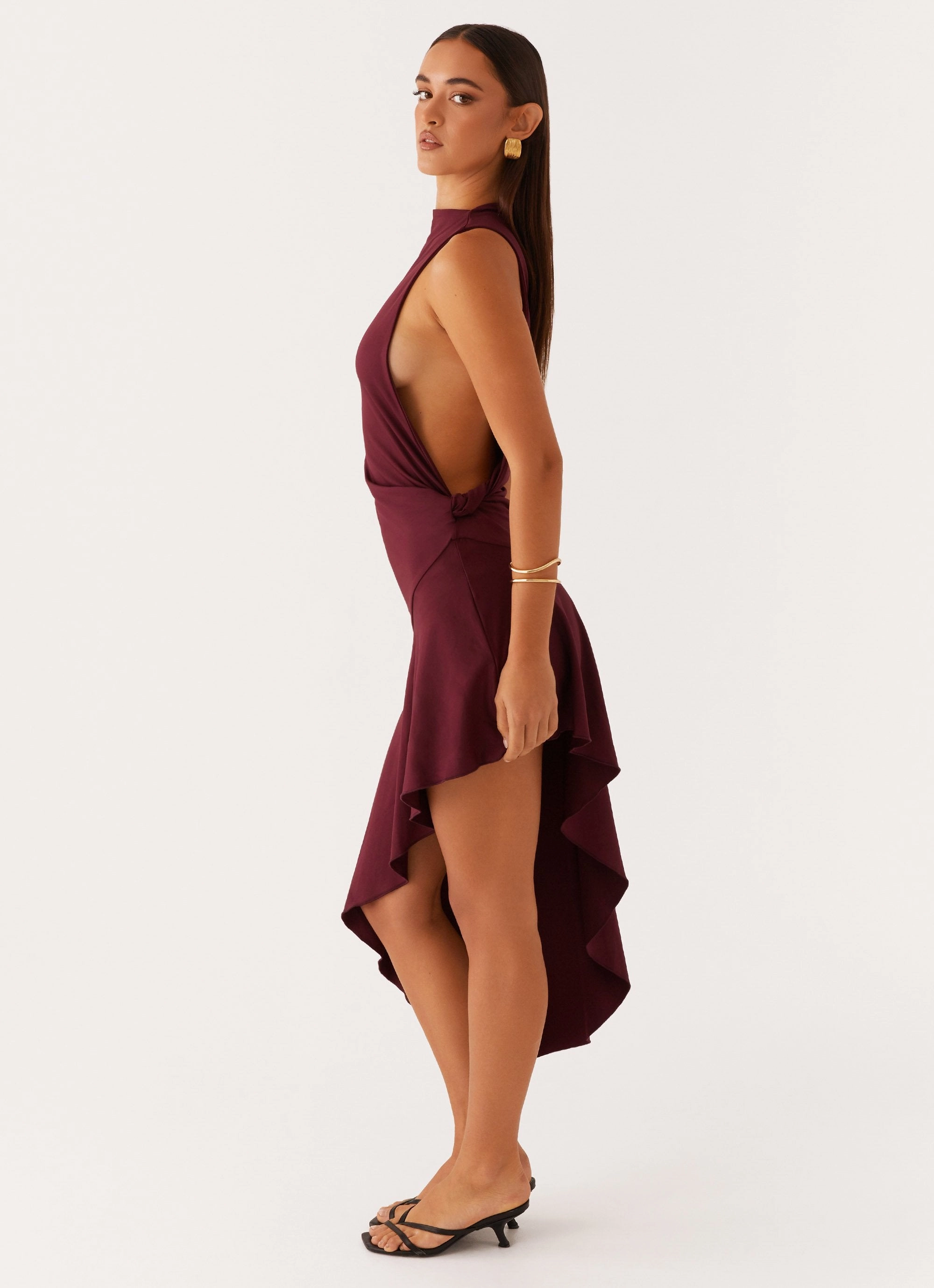 Waist Seam Dreamy Silhouette Venetia Asymmetric Maxi Dress - Deep Maroon