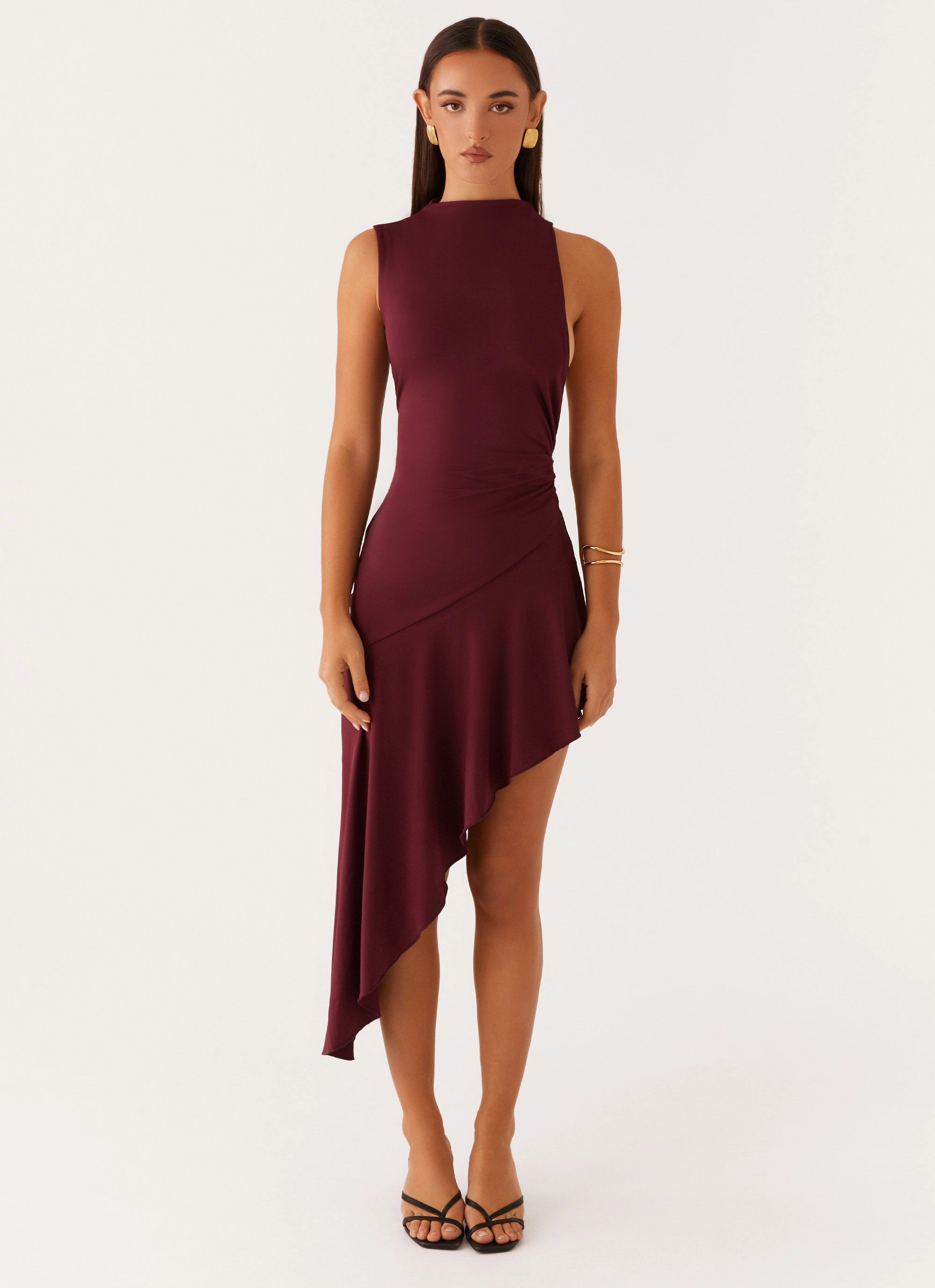 Polished Style Evening Motion Venetia Asymmetric Maxi Dress - Deep Maroon