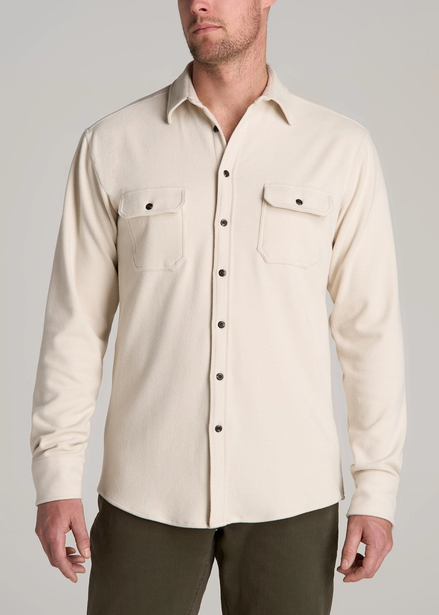 Stretch Flannel Button Tall Men's Shirt in Soft Beige AdjustableNeckline Summer Wardrobe
