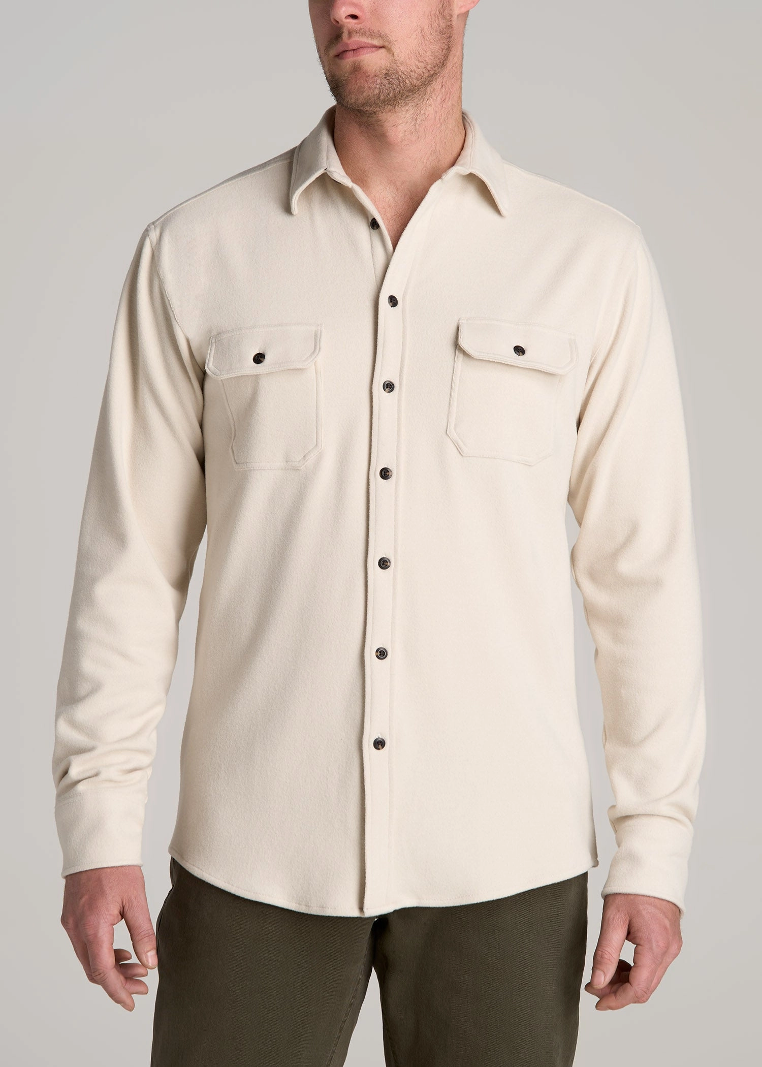 Rubberized grip Stretch Flannel Button Tall Men's Shirt in Soft Beige