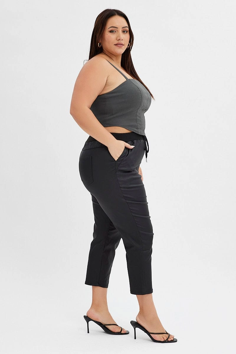 Black Jogger Pant Elastic Waist Wet Look Breathable Lining
