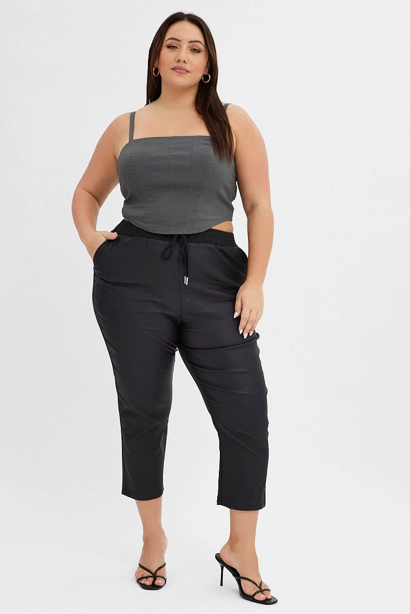 Fashionable Fit Trail Comfort Black Jogger Pant Elastic Waist Wet Look