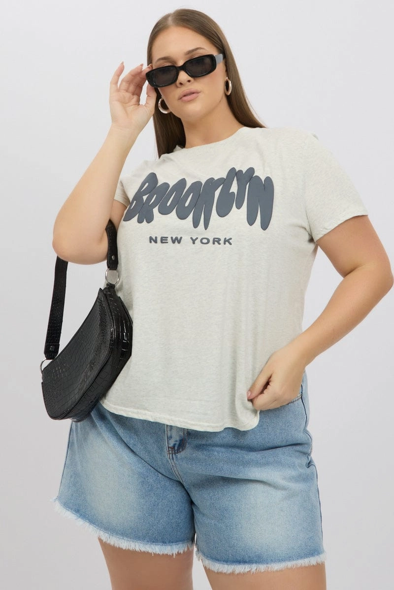 Grey Graphic T Shirt Short Sleeve Crew Neck Effortless Fit