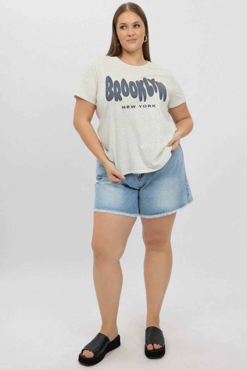 Grey Graphic T Shirt Short Sleeve Crew Neck Versatile Layering Piece Fur combination