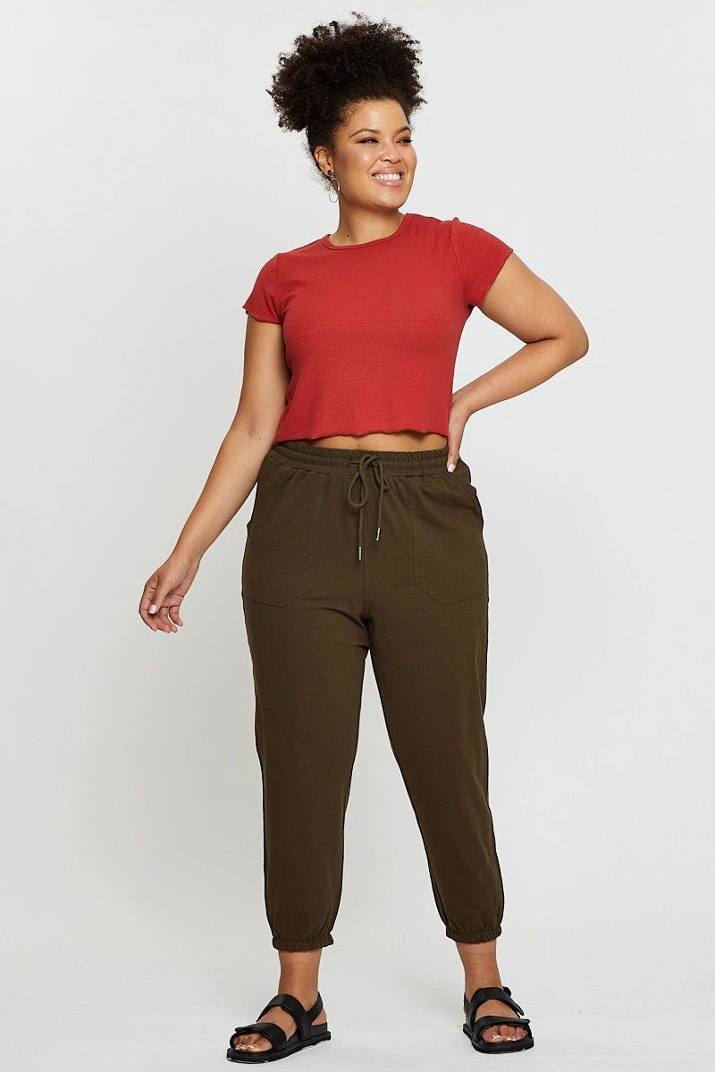 Green Track Pants High Rise Elastic Waist UVProtection Flexible Seam