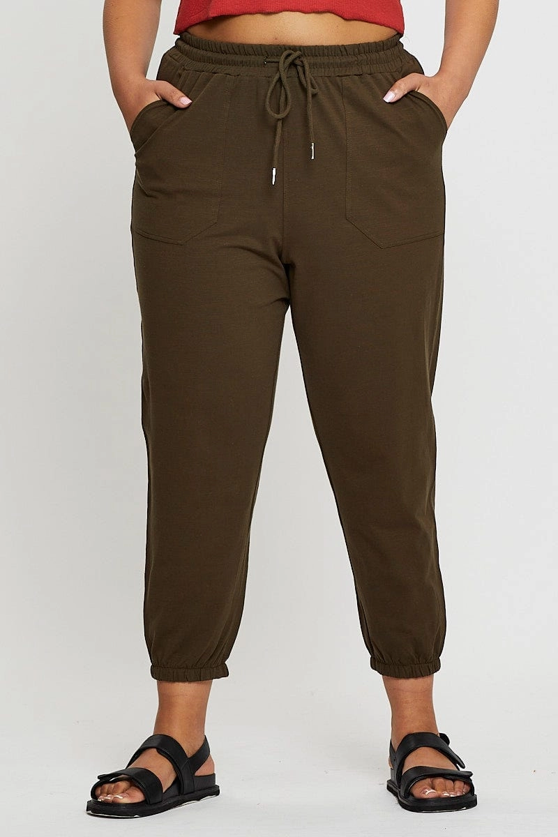 Green Track Pants High Rise Elastic Waist All-day Comfort Soft Feel
