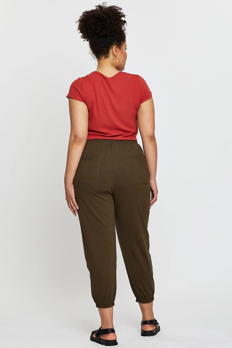 Green Track Pants High Rise Elastic Waist Flexible Durability