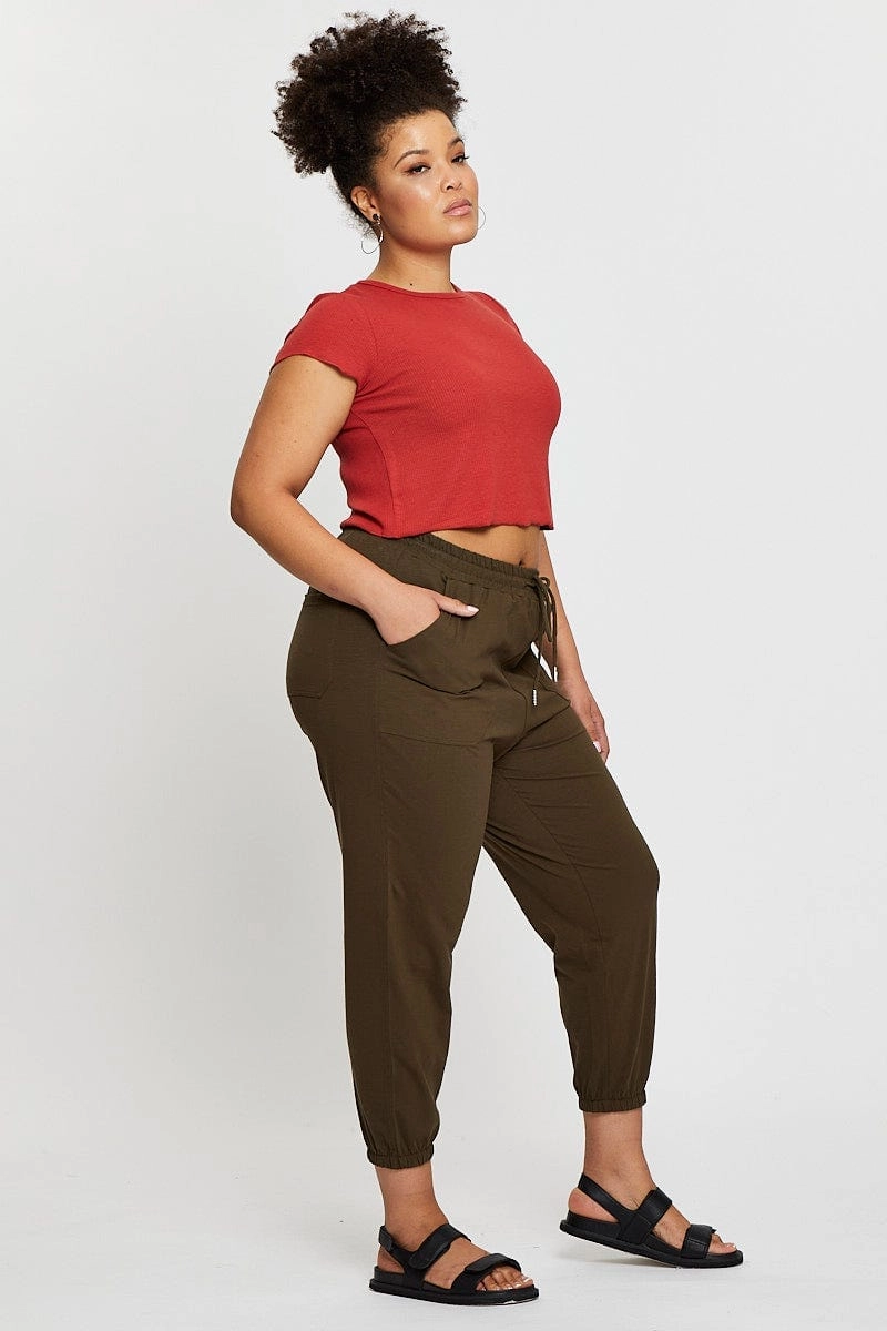 Green Track Pants High Rise Elastic Waist NonRestrictiveFit Slim Profile