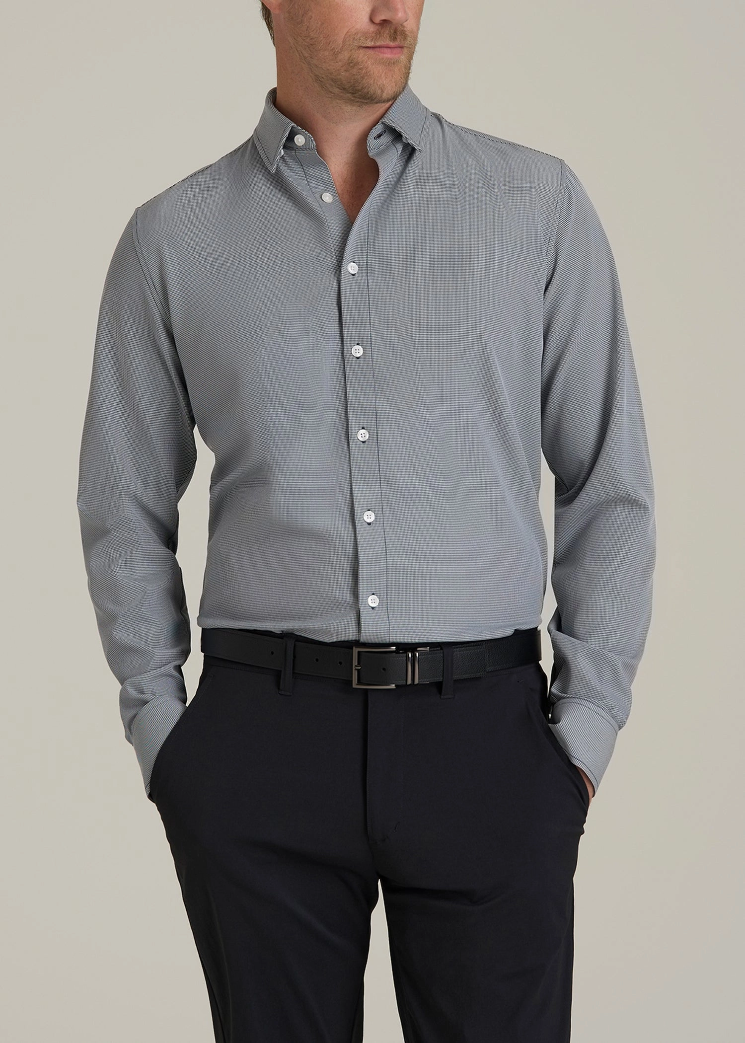 FourWay Stretch Fabric Traveler Stretch Dress Shirt for Tall Men in Navy and White Houndstooth