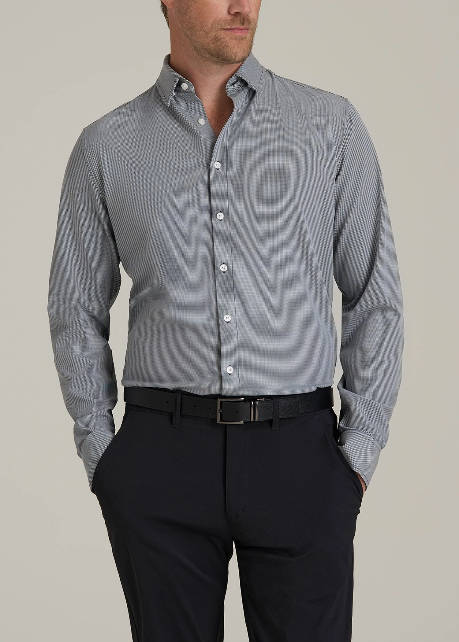 Traveler Stretch Dress Shirt for Tall Men in Navy and White Houndstooth Temperature Regulating Textile