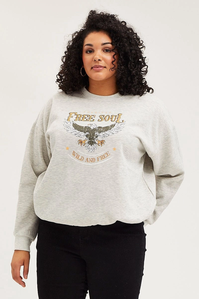 Fashion Trend Patchwork Grey Oversized Sweatshirt Free Soul Graphic Long Sleeve