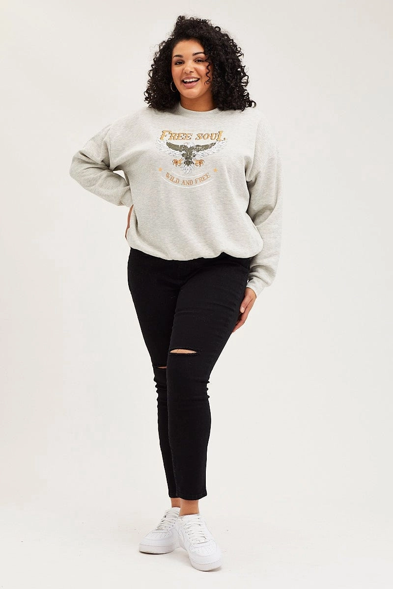 appropriate for sports Grey Oversized Sweatshirt Free Soul Graphic Long Sleeve