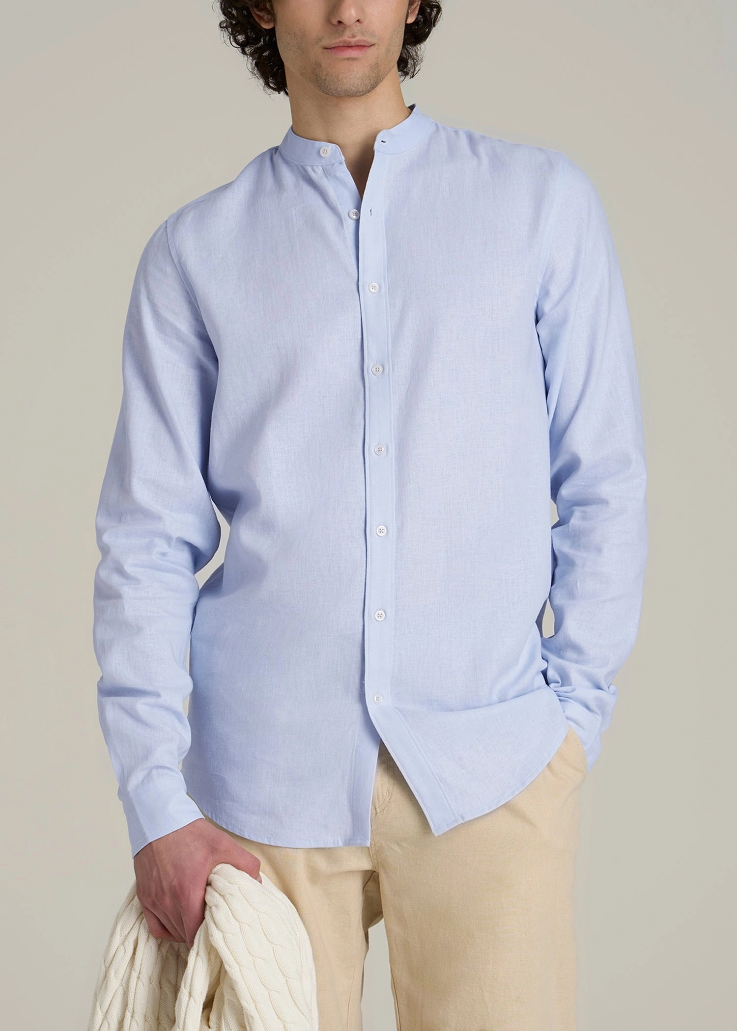 Fleece Pullover Soft touch finish Band Collar Linen Button Shirt for Tall Men in Airy Blue