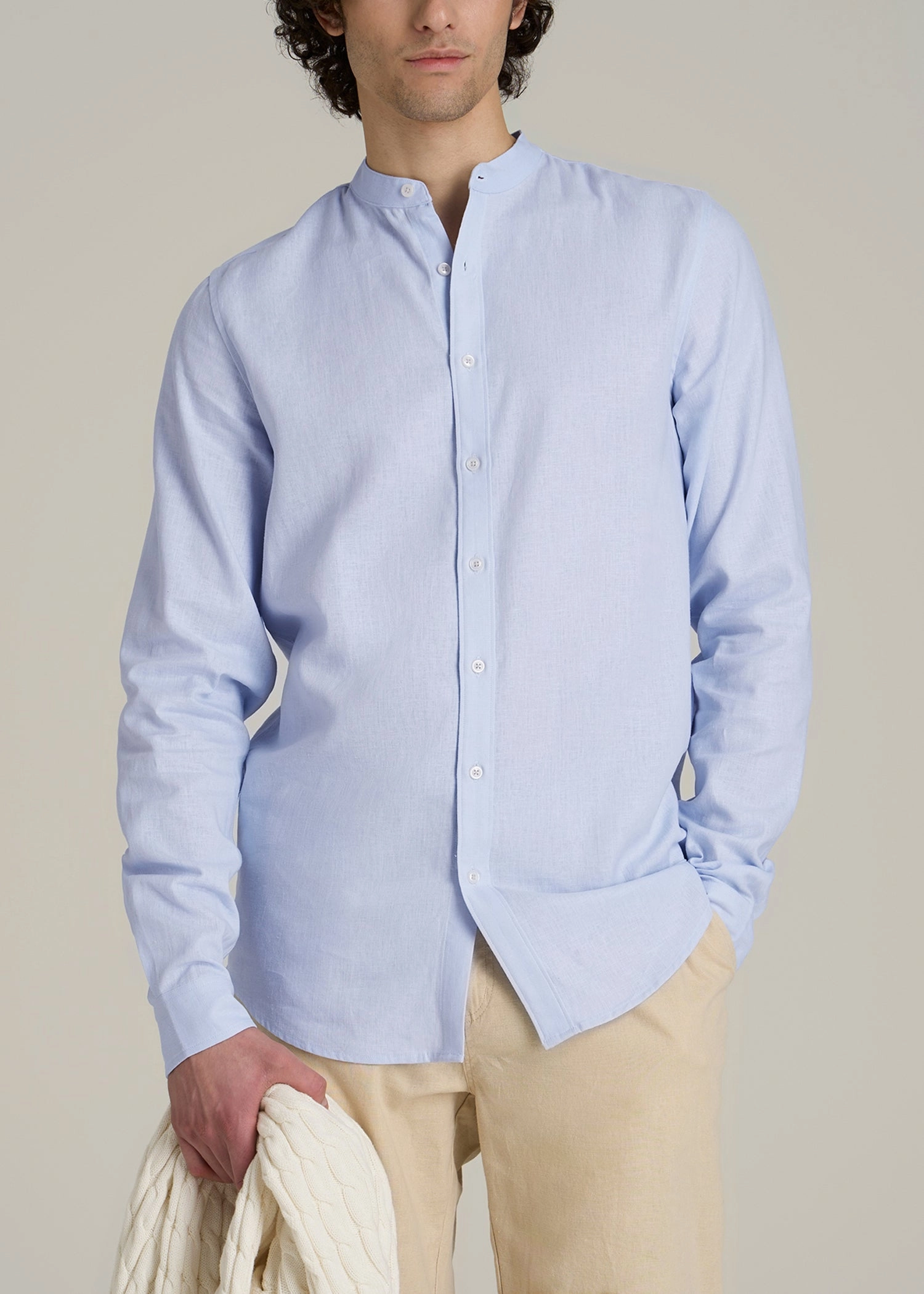Band Collar Linen Button Shirt for Tall Men in Airy Blue LowMaintenance Fabric Ventilated Panel Design