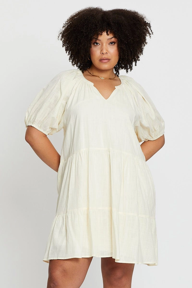 Pearl-Detail Elegant evening wear Beige Puff 3/4 Sleeve Textured Cotton Oatmea Layer Dress