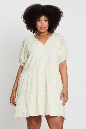 Classic Vibe Best-Seller Beige Puff 3/4 Sleeve Textured Cotton Oatmea Layer Dress