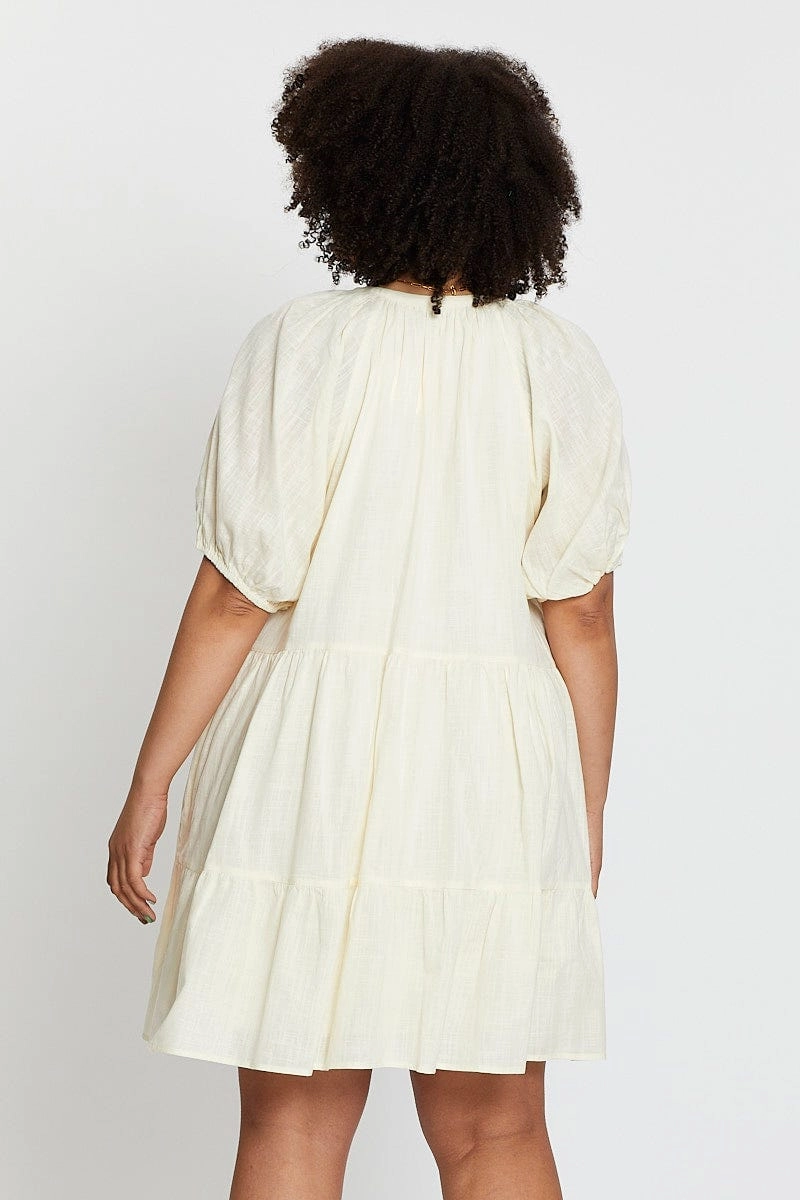 Beige Puff 3/4 Sleeve Textured Cotton Oatmea Layer Dress Weekend Edge