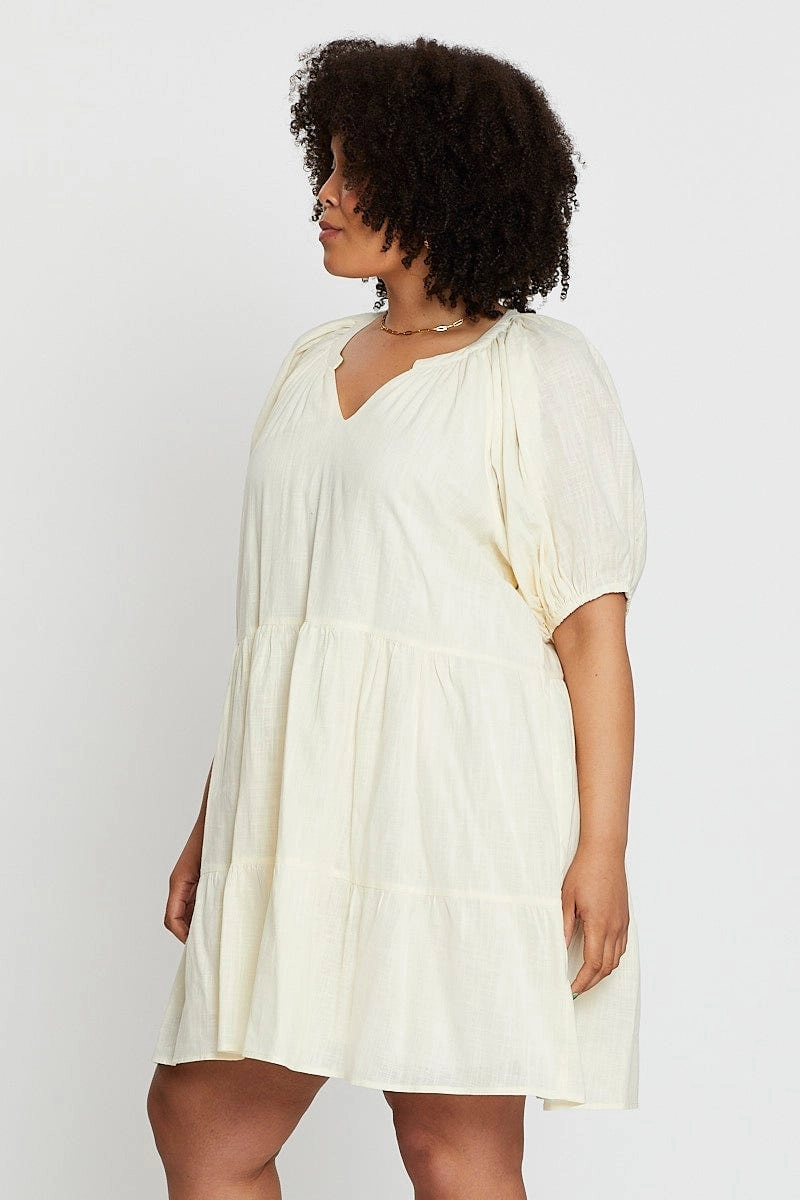 Beige Puff 3/4 Sleeve Textured Cotton Oatmea Layer Dress Sophisticated Layers Chic Fit Wear
