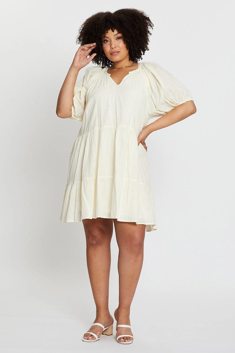 Delicate Tone Tie-dye Beige Puff 3/4 Sleeve Textured Cotton Oatmea Layer Dress