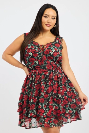 Black Floral Rose Print Lace Trim Minidress LayeredHemline