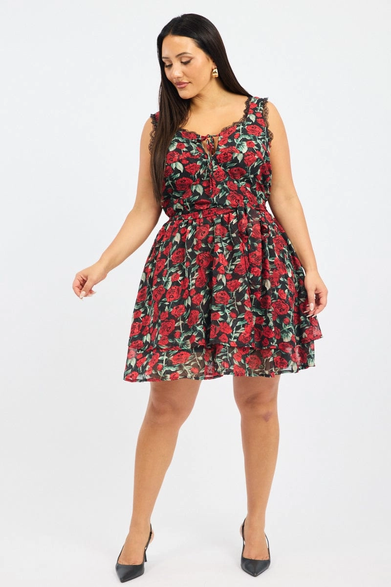 All Gender Fit Black Floral Rose Print Lace Trim Minidress