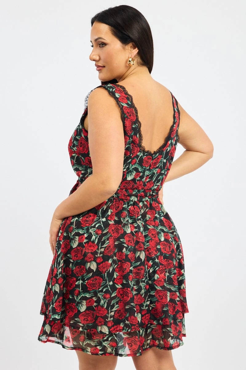 Black Floral Rose Print Lace Trim Minidress Minimal Fit Easy Texture