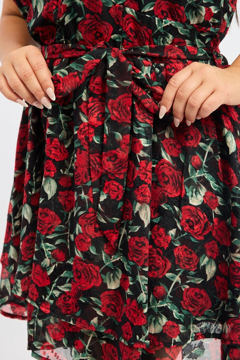 Sophisticated Waist Fit Soft touch evening dress Black Floral Rose Print Lace Trim Minidress
