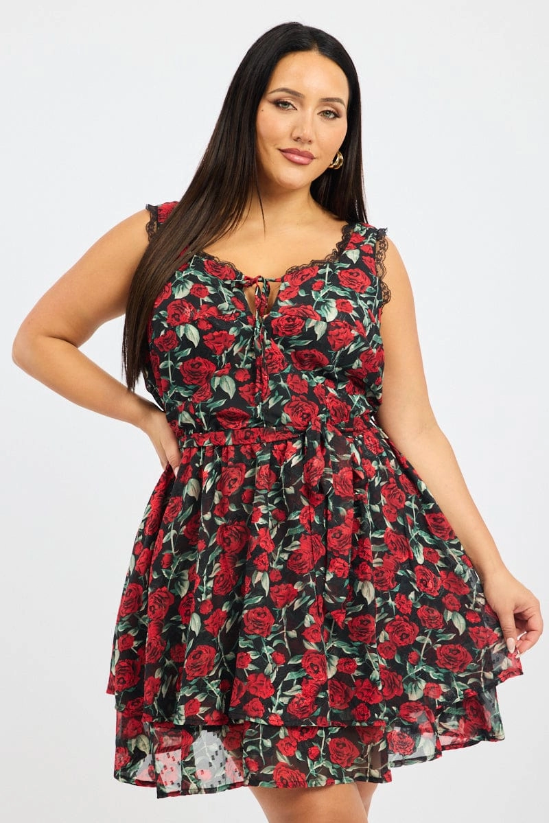 Black Floral Rose Print Lace Trim Minidress LayeredHemline
