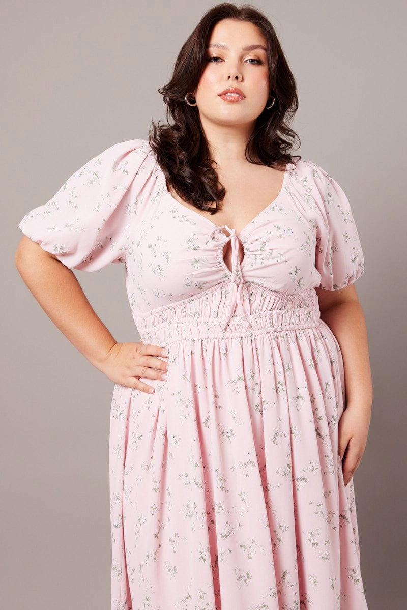 Texture Play Pink Ditsy Midi Dress Short Sleeve Ruched Bust