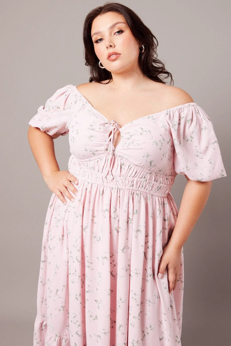 Pink Ditsy Midi Dress Short Sleeve Ruched Bust Chic Wear Sleek Waistband