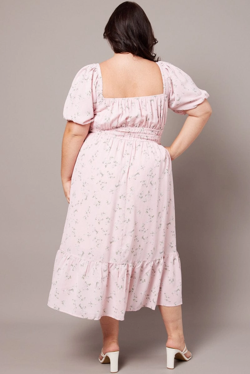 Pink Ditsy Midi Dress Short Sleeve Ruched Bust Padded-Bust Flared-Hem