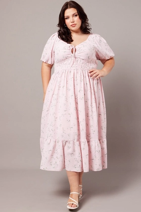 Pink Ditsy Midi Dress Short Sleeve Ruched Bust Matte Fabric
