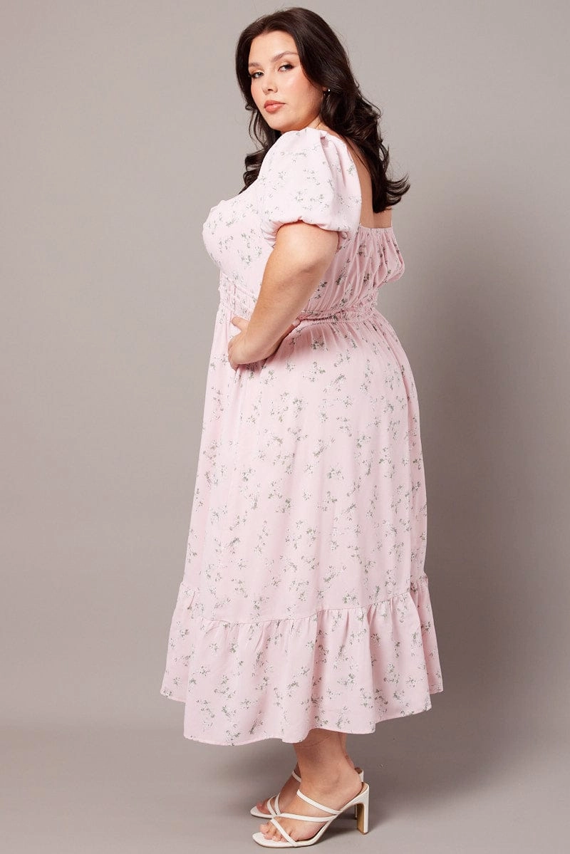 Padded-Bust Pink Ditsy Midi Dress Short Sleeve Ruched Bust
