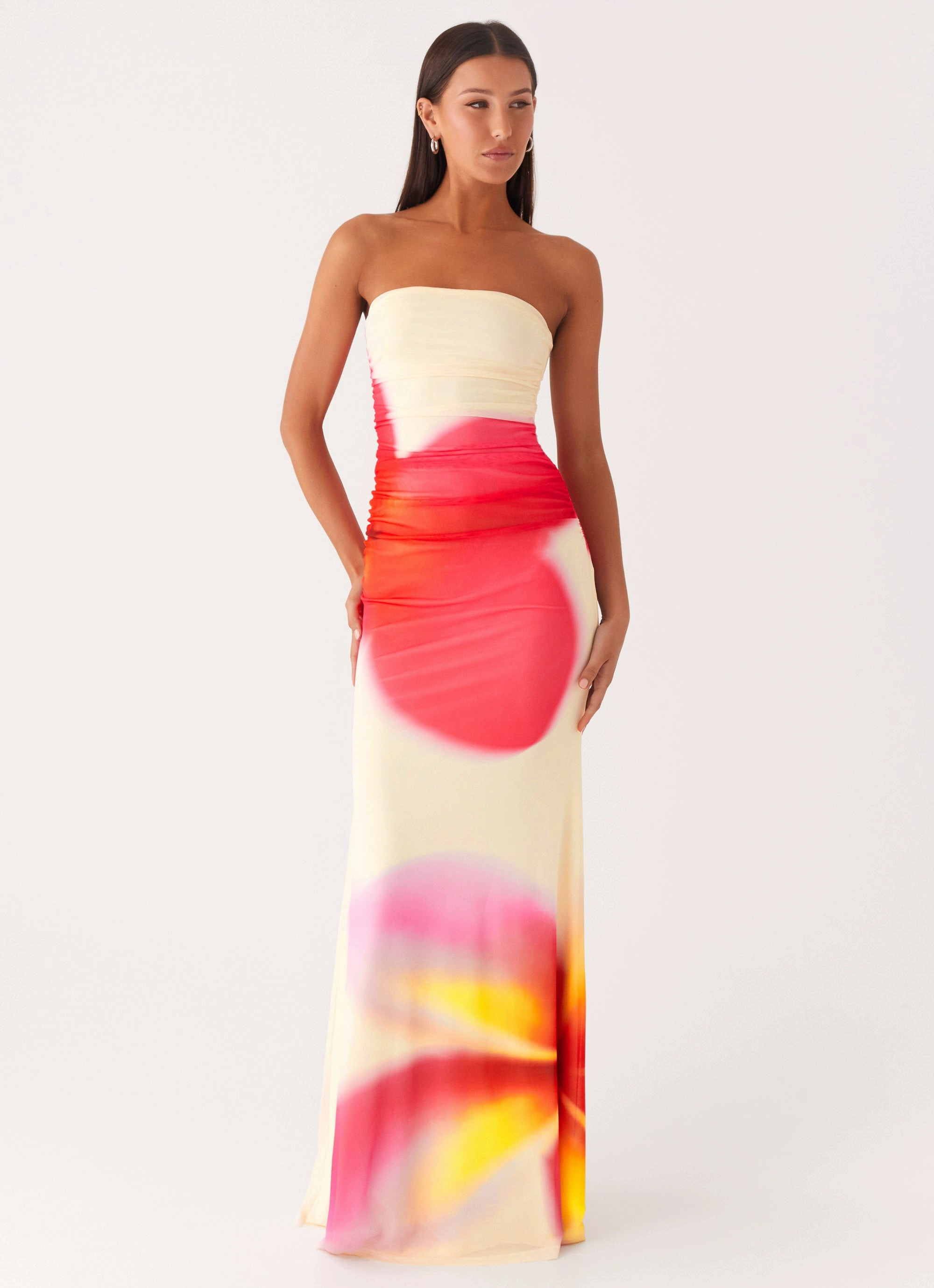 Iroha Strapless Maxi Dress - Frangipani Yellow Floral-Pattern Flattering Waist Design