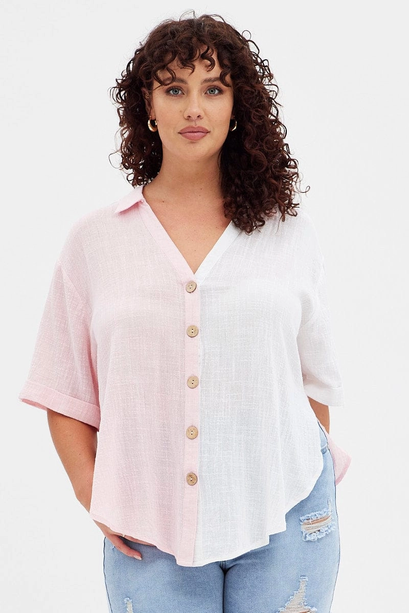 Chilly Day Wear Sporty Look Pink Short Sleeve V-neck Loose Fit Color Block Shirt