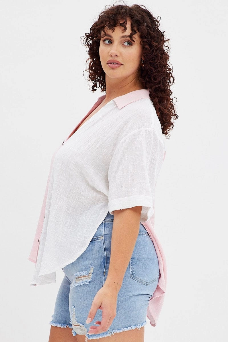 Pink Short Sleeve V-neck Loose Fit Color Block Shirt Lightweight texture